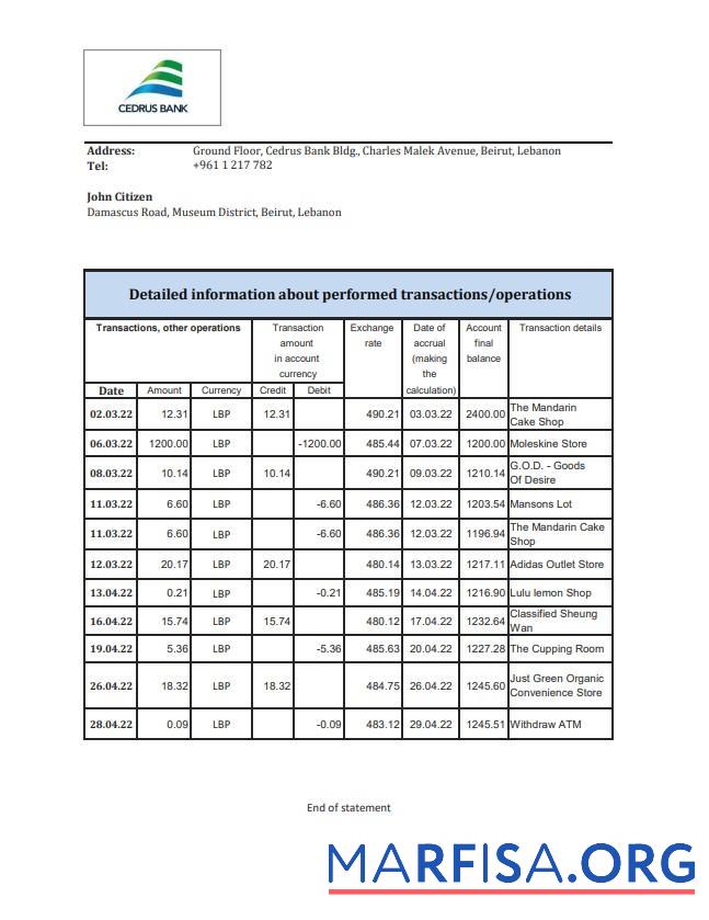 Downloadable Lebanon Cedrus bank statement excel download for verification